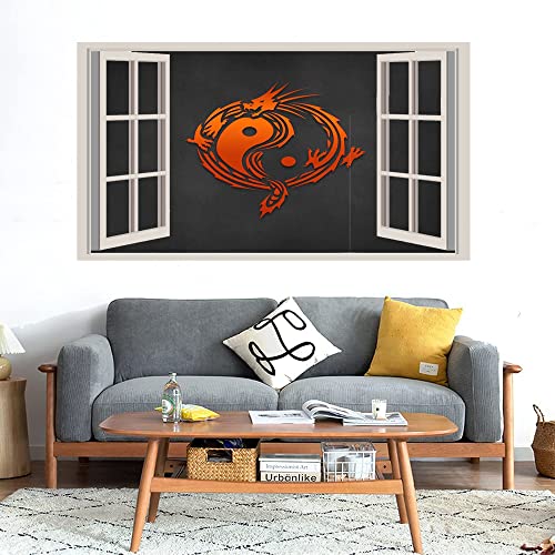 GADGETS WRAP Printed Wall Decal Sticker Fake Window Style Decal (90cm x 50cm) - Orange Yin Yang Dragon