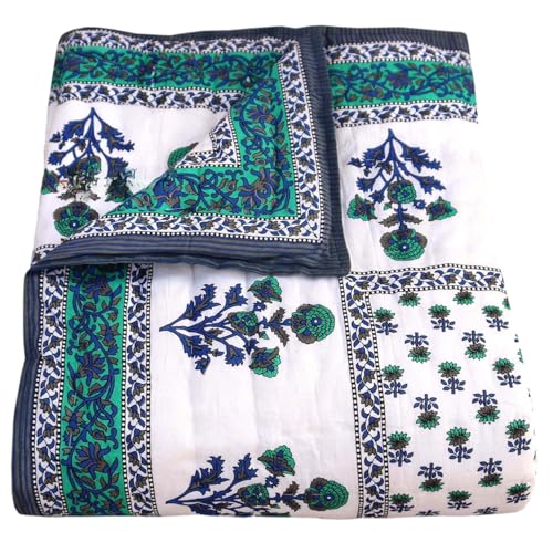 fashhub Rajasthani Traditional Cotton and Microfiber Jaipuri razai ac Blanket booti Print with Boarded Design Single Bed Reversible (Both Sided) Jaipuri Quilt 55 x 85 inch - Blue