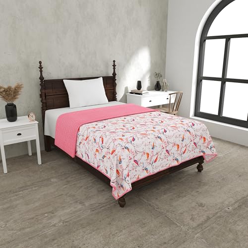 BED-SHEET.COM 150 GSM 100% Mulmul Parakeets Single Bed Reversible Blanket/Duvet/Quilt/AC Dohar(90" X 60"), Pink