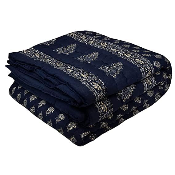 fashhub World Famous Jaipuri Light Weight Pure Cotton Traditional Rajasthani Print White Colour Double Bed Quilt/Razai/Rajai (Blue Dai Gold, Double)