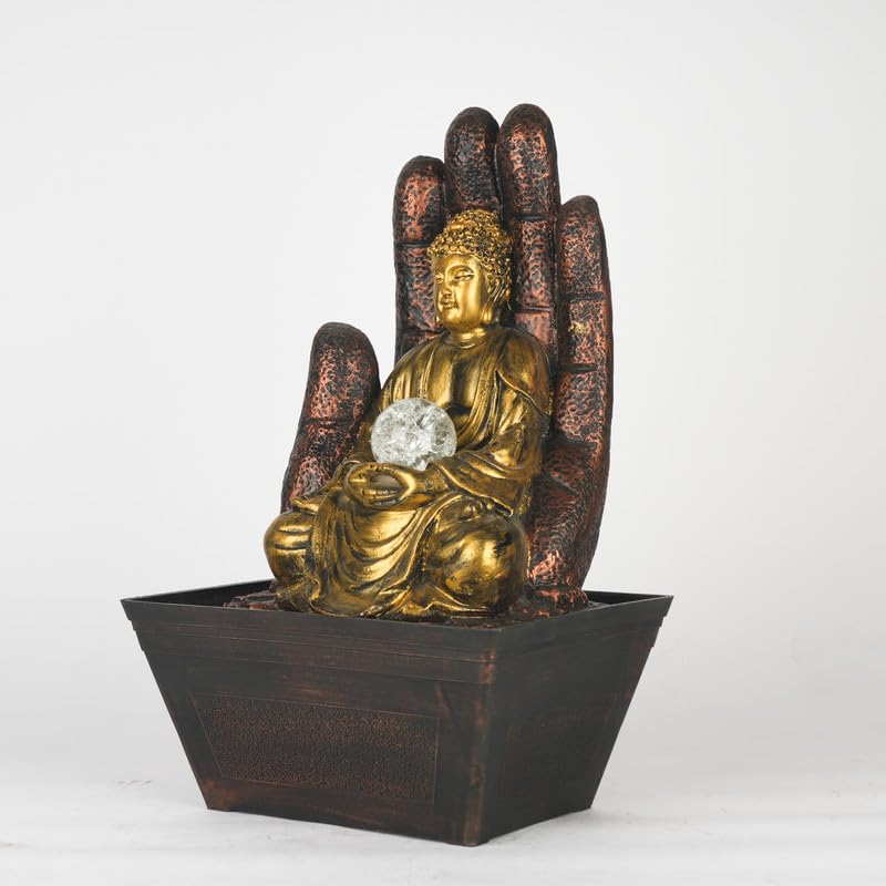 ARTS SHALA Polyresin Gold Brown Buddha Table Top Indoor Water Fountain for Home Decor with Palm Background, Speed Controller Pump, Yellow LED & Crystal Ball