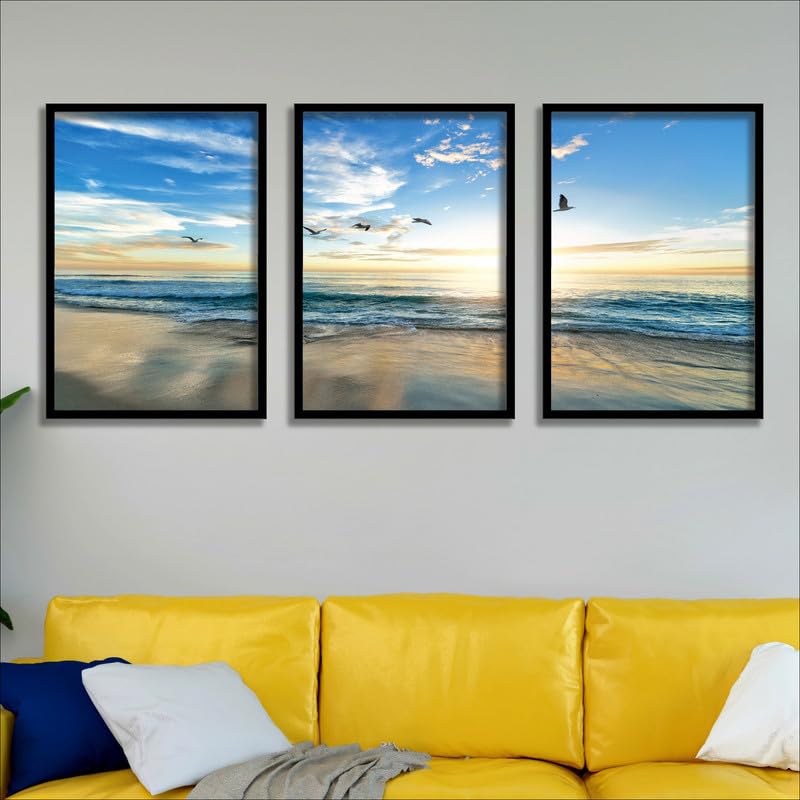 SAF paintings Set of 3 Sea and waves Wall Painting for Home Decoration SA-BLACKCF33602