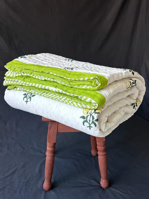 THE JAIPUR WALA Organic Mulmul Cotton Quilt -Green Mint Double Size