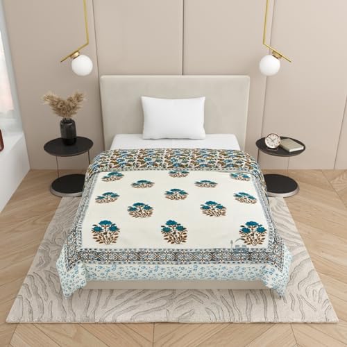 PINAARAS INTERIOR Cotton Jaipuri Razai Single Bed Hand Block Floral Buta Bail Print Quilt Blanket - Sky/Brown (Double Bed F) (90X108INCHES)