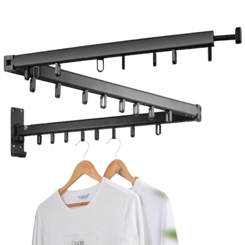 FOLDABLES Aluminium Wall Mounted Clothes Hanger Rack,Retractable Clothes Drying Rack Folding Indoor,Laundry Drying Rack,Collapsible Trifold With 24 J-Hooks Laundry Rack Black