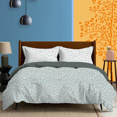 Tannarry Soft Cotton Curved Leaves Print 300 TC Super King Size Bedsheet (274 * 274cm) with 2 Pillow Covers (46 * 68cm)- Grey