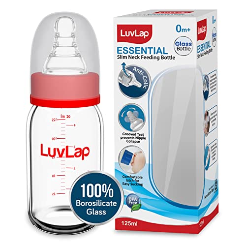 LuvLap Essential Slim Neck Glass Feeding Bottle, 125ml, 0m+/Babies Upto 3 Years, Made of Borosilicate Glass, BPA Free, Ergonomic Shape is Easy to Hold, with Anti Colic Nipple, White & Red, Pack of 1