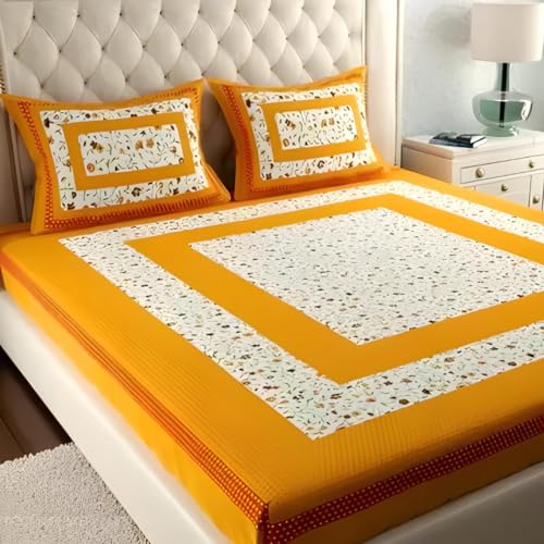 BedZone Pure Bedsheet for Double Bed, 100% Cotton Double Bed Sheet with 2 Pillow Covers King Size (Bedsheet for Double Bed Cotton) - Yellow