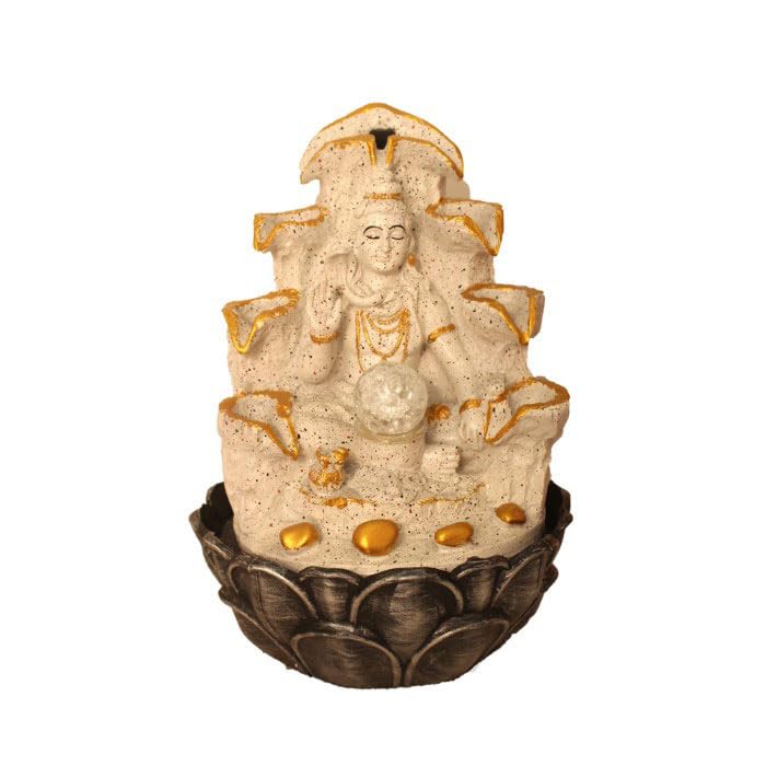 Art N Hub Lord Shiva Tabletop Waterfall Fountain Decorative Gift Items for Home with Crystall Ball LED Light | Home Inauguration Gift Items (27 x 27 x 38 CM | Dotted White Golden)