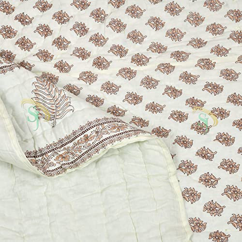 H.R International 385 GSM Pure Organic Cotton Jaipuri Flower Hand Block Printed Rajasthani Traditional Light Weight Double Bed Quilt/Razai/Rajai Size 90X108 Inches (Flower Tree)