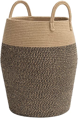 ☆LBY® Large Woven Laundry Basket with Handles, Modern Tall Laundry Hamper for Clothes, Blankets, Towels, Decorative Boho Laundry Hamper for Living Room, Bathroom, Bedroom, (BLACK MIX BROWN)