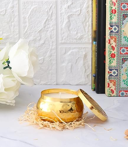 The Decor Affair 1 Pcs Hand-Poured Artisanal Soy Wax Candle in Exquisite Brass Container | Luxurious Brass Jar Soy Wax Candle | Handcrafted Soy Wax Candle in Brass Vessel | Gift Box.