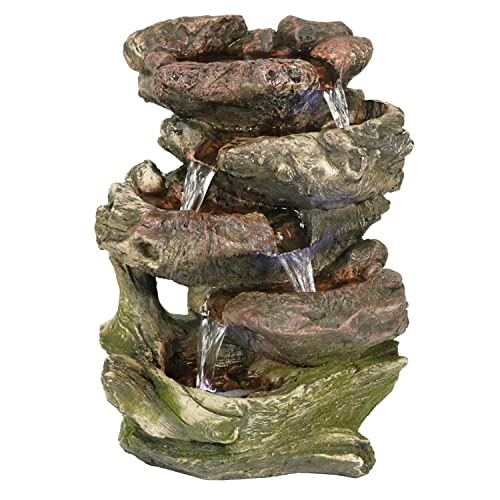 Sunnydaze 5-Step Rock Falls Tabletop Fountain with LED Lights, 14 Inch Tall