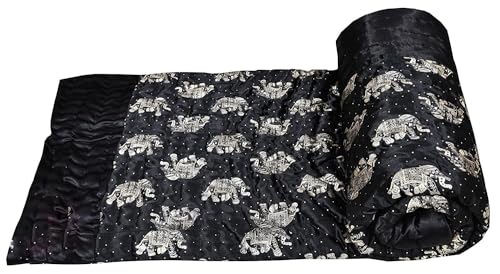 Indiafab Textiles Silk Cotton Soft Jaipuri Razai, Traditional Double Bed Winter Heavy Quilt Blanket (85X100 inches) (rama Black, Queen) (Double Bed) (King)