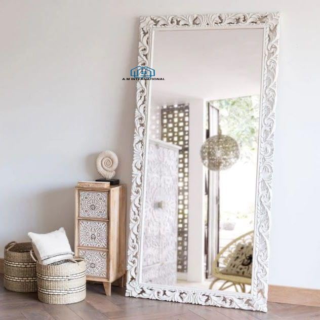 A.M International Wooden Carved Wall Mirror Frame Solid Wood, Distress Finish | With Out Mirror | Size 6 * 3 Ft (White Distress) - Rectangular