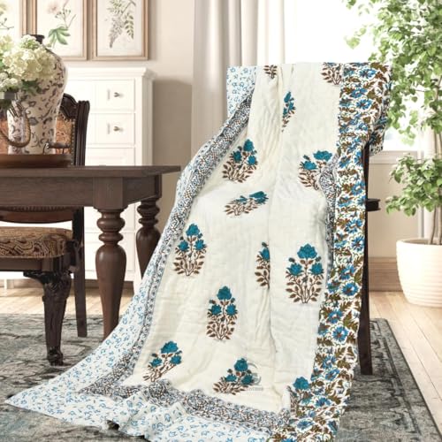 AARMOZY Cotton Jaipuri Razai Single Bed Hand Block Floral Buta Net Print Quilt/Rajai Blanket - Sky/Brown (Single Bed E)