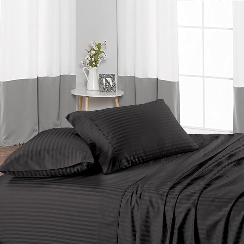 100% Cotton Elastic Fitted Bedsheet with 2 Pillow Cover- 400TC Elastic Fitted Bedsheet Fits Up to 10" Deep Pocket- 3 PC Fitted Sheet Set- Wrinkle Resistant & Soft-Dark Grey Stripe 72" x 84"