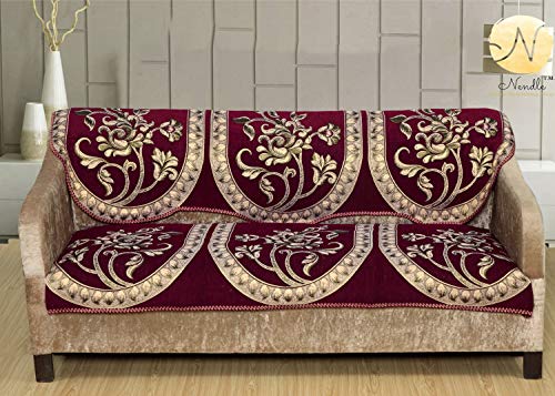 Nendle Soft Smooth Solid Fabric Floral Design Velvet 5 Seater Sofa Covers Set (Maroon, Set of 6 Pieces)