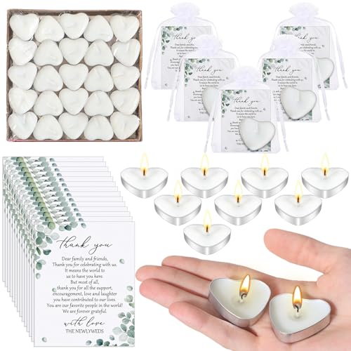 Threlaco 100 Sets Wedding Gifts for Guests Heart Shaped Candles Mini Candles Wedding Candle Gifts for Guests Thank You Cards and Organza Bags for Wedding Party Favors