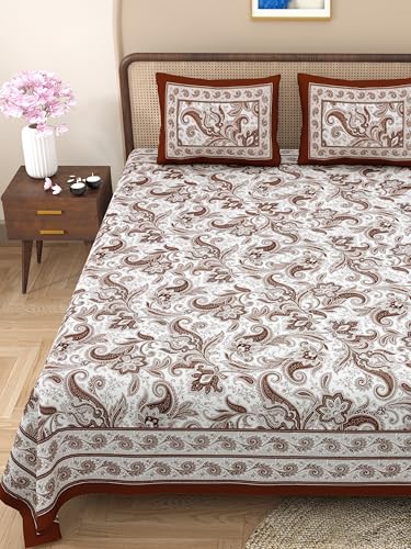 WestNic® 400 TC Super King Size 3 Piece Flat Bedsheet Set for Double Bed with 2 Standard Pillow Covers with Zipper, Jaipuri Prints Cotton | Size: 108 X 108 Inches (Walnut Brown)