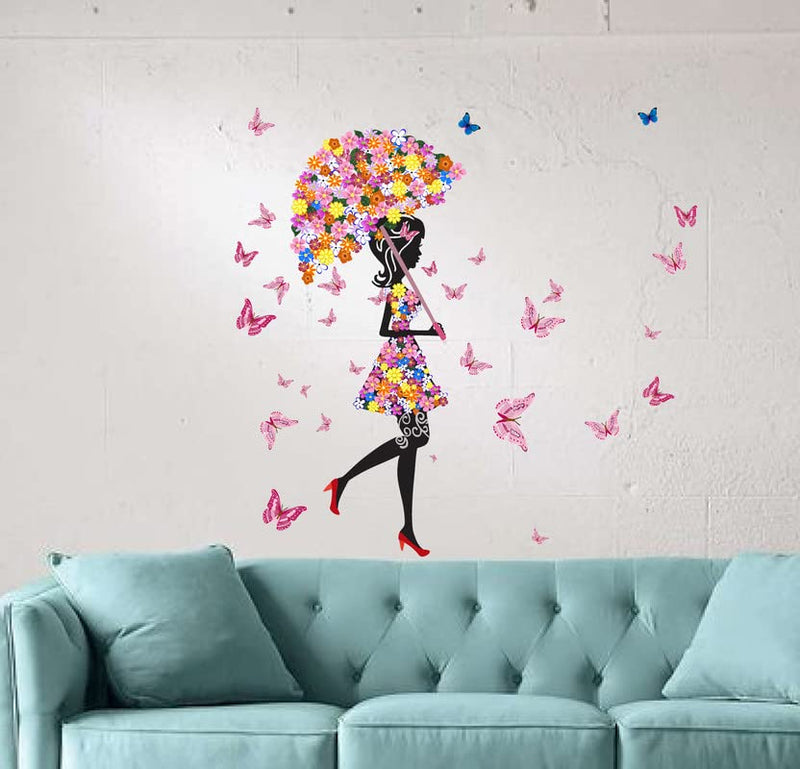 K2A Design Floral Umbrella Girl and Beautifull Butterflies Wall Sticker Multicolor PVC Vinyl 96x99 Cm