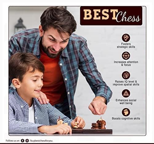 BCBESTCHESS Wooden Handcrafted Foldable Magnetic Chess Board Set with Magnetic Pieces and Extra Queens for 2 Players Kids and Adults (12x12 Inches, Brown)