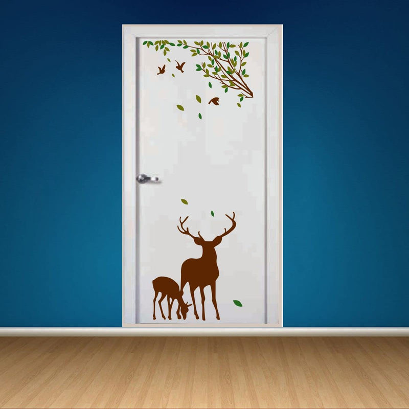 Sticker Studio Tree and Deer Door Sticker & Decal - PVC Vinyl, 58 CM X 48 CM | Removable, Easy to Apply, Waterproof