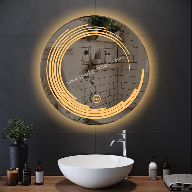 Spark Glass Round LED Sensor Mirror. (LedColour: White, Warm White, & Mix Light) - (Size:24x24 Inch)