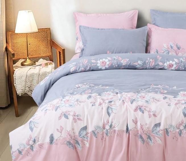 THE DIVINE Glace Cotton King Size All Around Elastic Fitted Double Bedsheet 72''x78'' Inch + 8 Inch (Drop) with 2 Pillow Covers (Pink) 200-250 TC_1(VA) FTD.DB,PinkBlueFlower_22-Pink