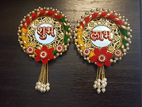 Vastu Shubharambh Shubh Laabh Pair as Good Luck Chime to Welcome Positivity from The Entrance of Home and Office. Made of Cloth and Beads for Decorations and to Attract Good Energies. (Square)