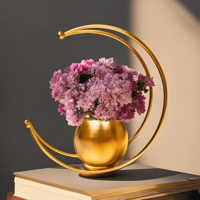 Art Space Gallery Metal Geometric Design Flowe Vase with Gold Finish | Table Decorative Round Shape Flower Pot Moon Flower Vase | Size: 26X26 CM | Pack of 1 | Flower Not Included