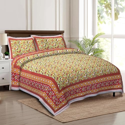 100% Cotton Bedsheet for Double Bed with 2 Matching Pillow Covers | 240 Thread Count 90x108 Inch Flat BedSheet | (Print-10-Bedsheet-Red-Yellow)