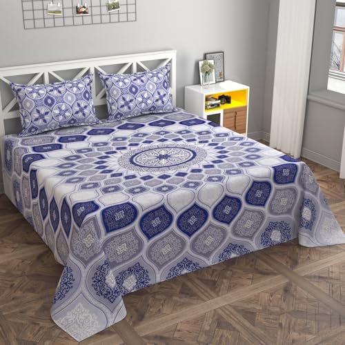 REALDREAM® bedsheet for Double Bed Flat, Double bedsheet Glace Cotton with 2 Pillow Cover (90 x 100 Inches) (Rangoli-Blue)