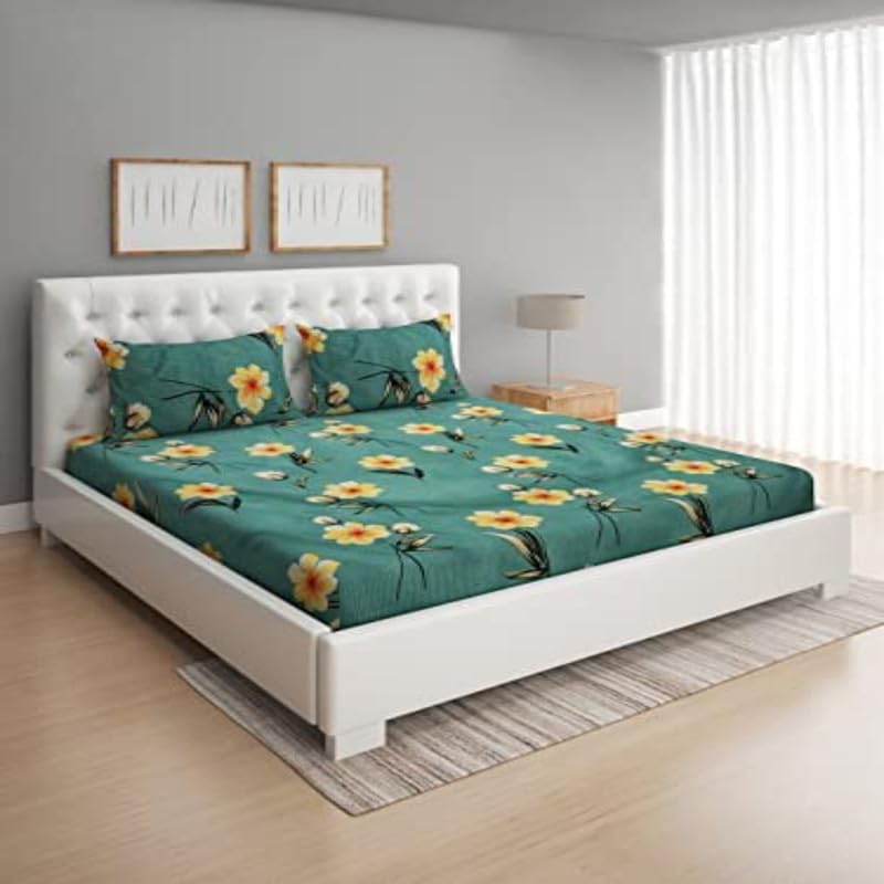 Vaastu Furnishings Prime Collection Ultrasoft Skin Friendly King Size Elastic Fitted Double Bedsheet with 2 Pillow Covers (Size 72 x 78 Inch) - Green with White Flowers Gold Fitted1