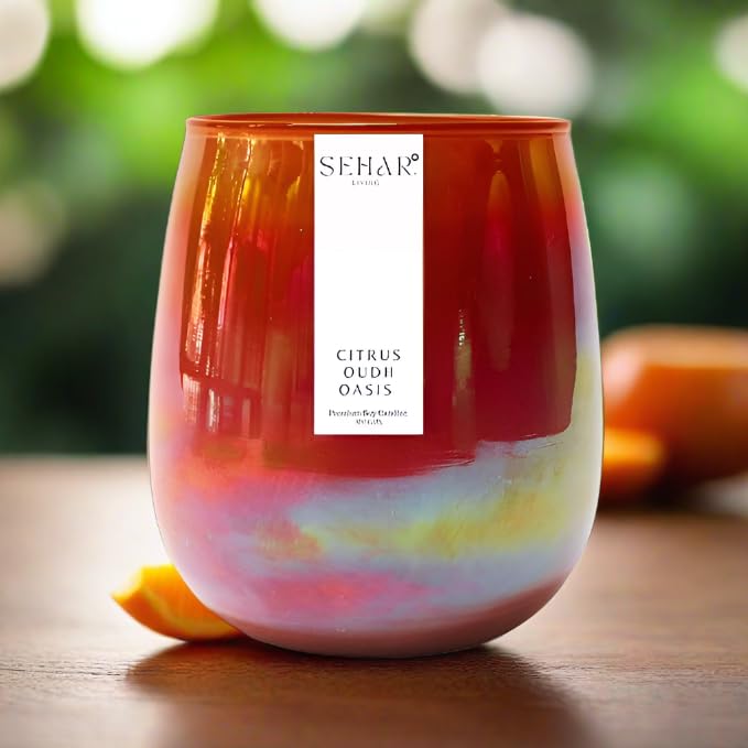 Sehar Living Citrus Oudh Oasis Luxury Soy Candle 50+ Hr Burn Time Uplifting Aromatherapy and Eco-Friendly Gift