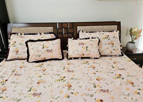 5-Piece (1+2+2) Queen Size Bedsheet Set with 135 GSM (240 TC) Polycotton Bedsheet (90 * 100), 2 Microfiber Filled Frilly Pillows (12 * 18) & 2 Frilly Pillow Covers Perfect for Gifting Options