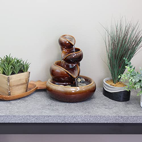 Sunnydaze Tiered Vessels Indoor Ceramic Tabletop Fountain - Interior Mini Water Feature for Bedroom, Office, Living Room, Kitchen Dining Room and Bathroom - 10-Inch