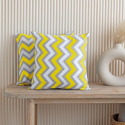 HOMEMONDE Throw Cushion Covers Premium Cotton Square Pillow Cover Printed Pillowcases Set Of 2 (Yellow Chevron, 16 X 16 Inches), 120 TC