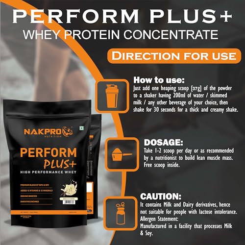 NAKPRO Perform Plus+ Whey Protein Concentrate with Digestive Enzymes | 24g Protein, 5.7g BCAA | Easy Mixing, Easy Digesting (1 Kg, Vanilla)