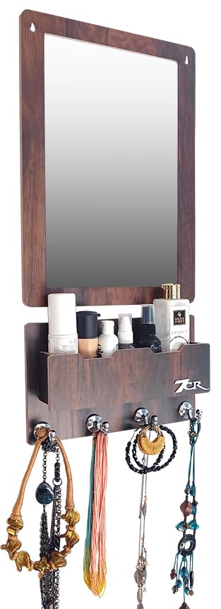 7CR Wooden Wall Mounted Dressing Mirror with Accessories Shelf and Beautiful ball hook for hanging items