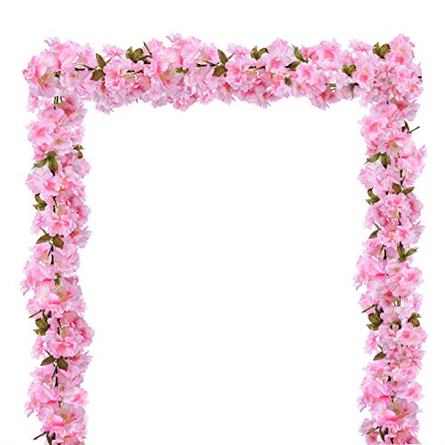 DearHouse 2 Pack Artificial Cherry Blossom Garland Hanging Vine Faux Cherry Blossom Flowers Garland for Home Garden Wedding Party Decor,Pink