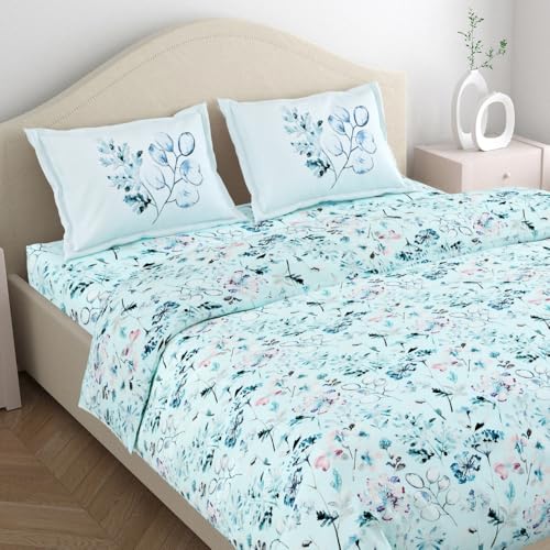 haus & kinder 100% Cotton Bed Sheet for King Size Bed, 1 King Size Bedsheet Cotton (108 X 108 Inches) with 2 Pillow Covers | 186 TC Bedsheet for Double Bed King Size | Light Blue Floral