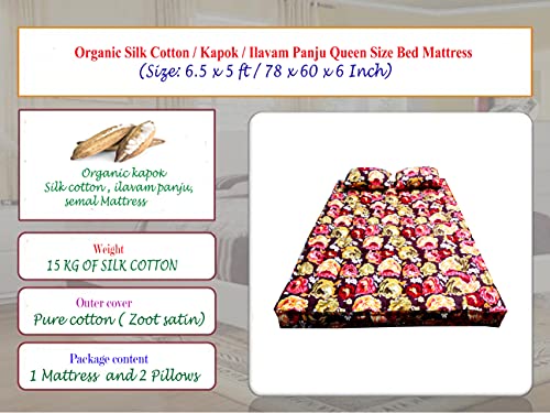 Flamo Mattress Organic Silk Cotton Kapok Ilavam Panju Cotton Queen Size Mattress, 6.5 x 5 ft / 78 x 60 x 6 Inch,Multicolour