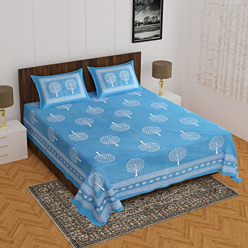 The Trendy Mart Cotton Double Bedsheet Jaipuri/Sanganeri Printed Bedsheets with Pillow Cover, Blue Tree