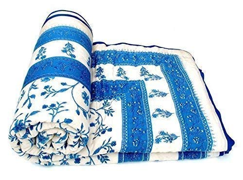 SVT Traditional Famous Jaipuri Beautiful Floral Print in White and Blue Jaipuri Rajai/Razai/Quilt Single/Single Bed Quilt/Comforter/AC Quilt/AC Comforter