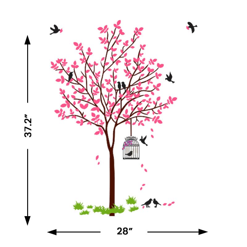 MERICAL Set of 2 Wall Stickers Pink Tree with Bird and Nest | Lotus Flowers for Home, Hall, Bedroom, Livingroom & Kitchen