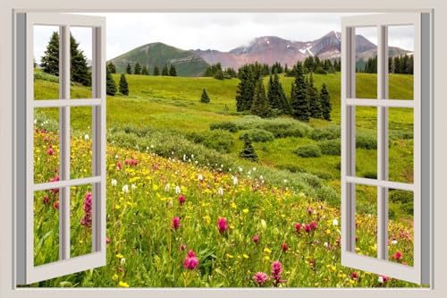 JVERF - JZZA24403 Mountains Grasslands Fir| Self-Adhesive Open Window Wall Sticker