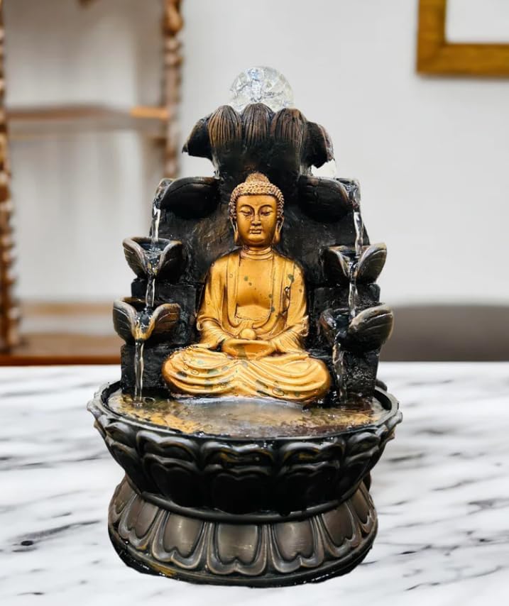 Buddha Water Fountain with Crystal Ball for Home and Office Decor