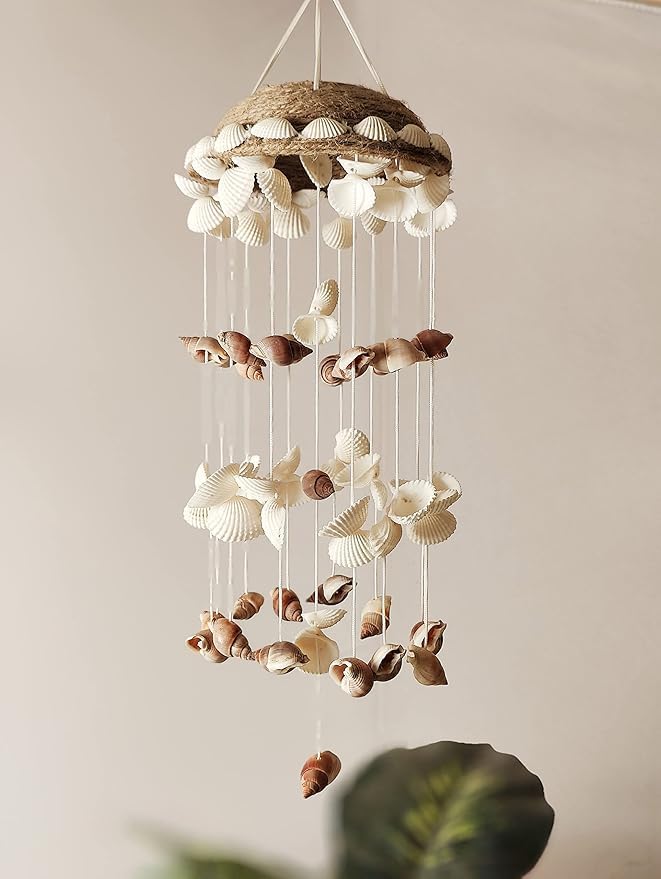 Shellkrafts Sea Shell Wind Chime for Home | Balcony & Garden | Soothing Rain Sound & Very Lucky According to Vastu | Attracts Good Luck (White)