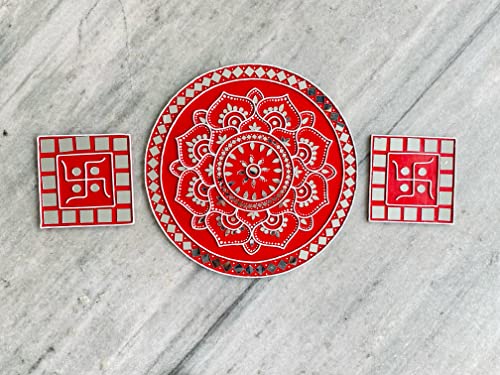 Unique Wants Lippan Art Wall Hanging Home Decoration in Circle Mirror Work with swastik, red Set of 3